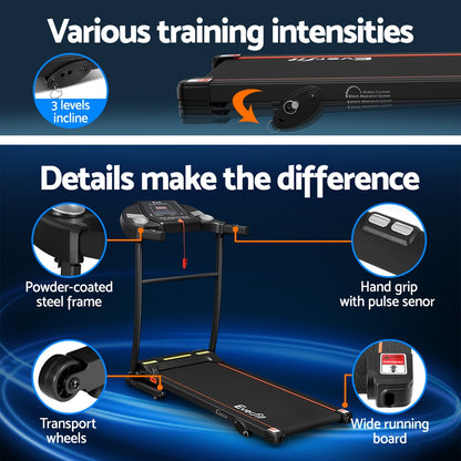 Everfit electric treadmill by Hlpmedical showing a sleek home gym cardio machine with incline feature and 400mm running surface.
