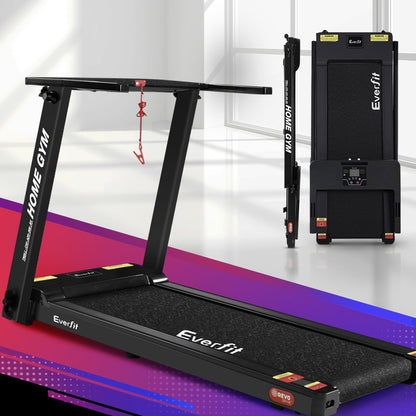 Black Everfit electric foldable treadmill for home gym fitness, 420mm running deck, ideal for exercise and cardio workouts.