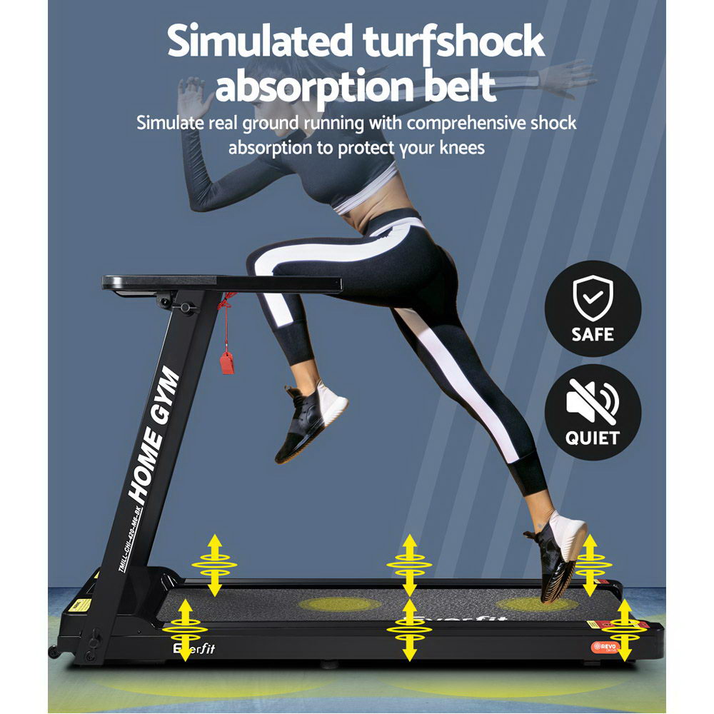Everfit electric treadmill by Hlpmedical, foldable home gym fitness equipment with 420mm black running surface.