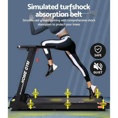 Everfit electric treadmill by Hlpmedical, foldable home gym fitness equipment with 420mm black running surface.