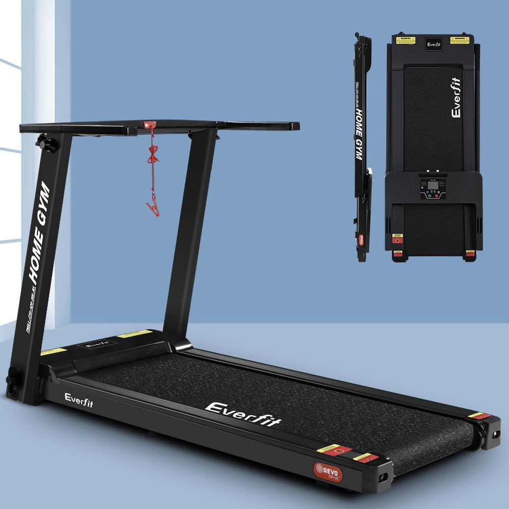 Black Everfit electric treadmill for home gym, foldable design, 420mm wide running belt, ideal for fitness and exercise routines.