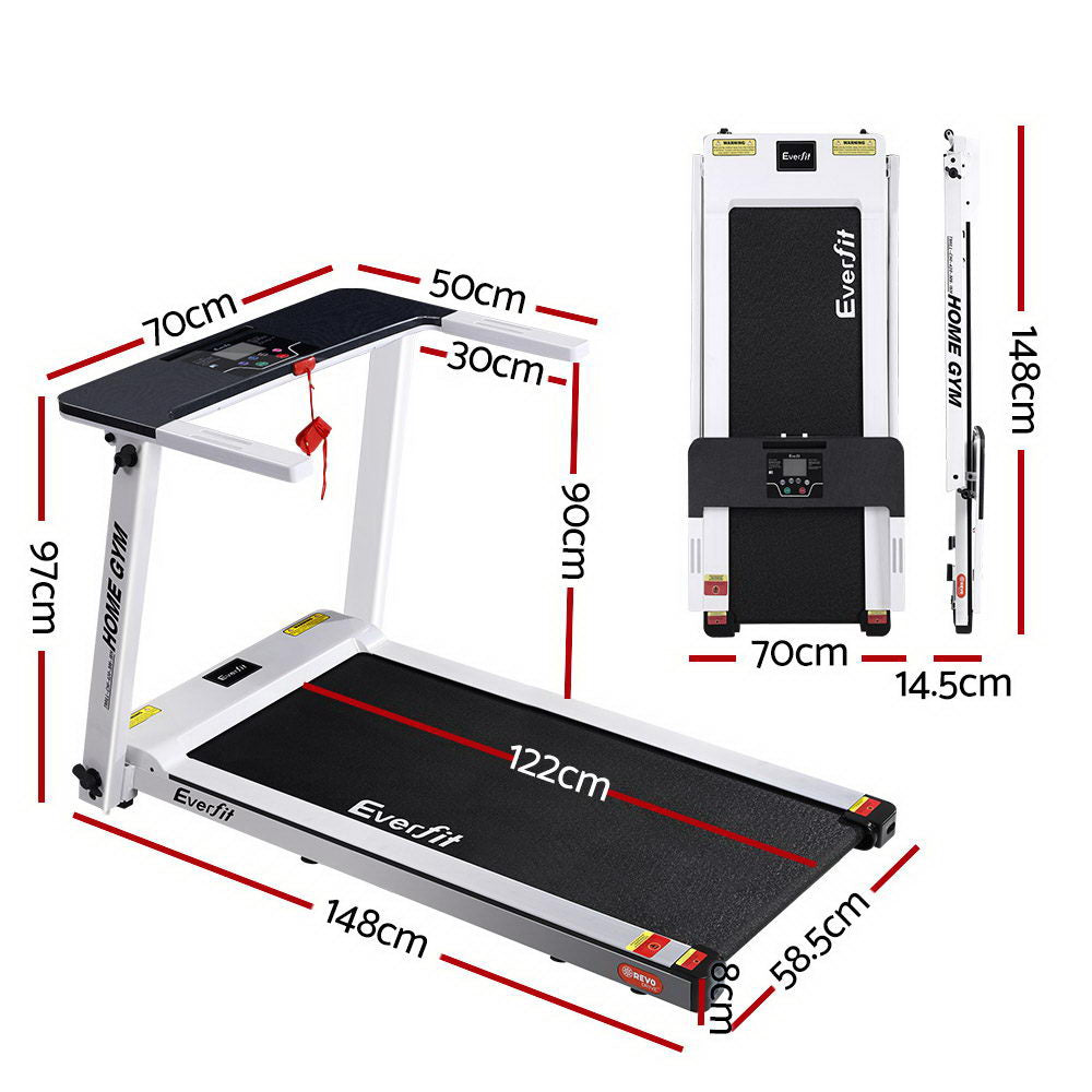 White Everfit treadmill by Hlpmedical, fully foldable electric home gym machine with 420mm running surface for fitness exercise.