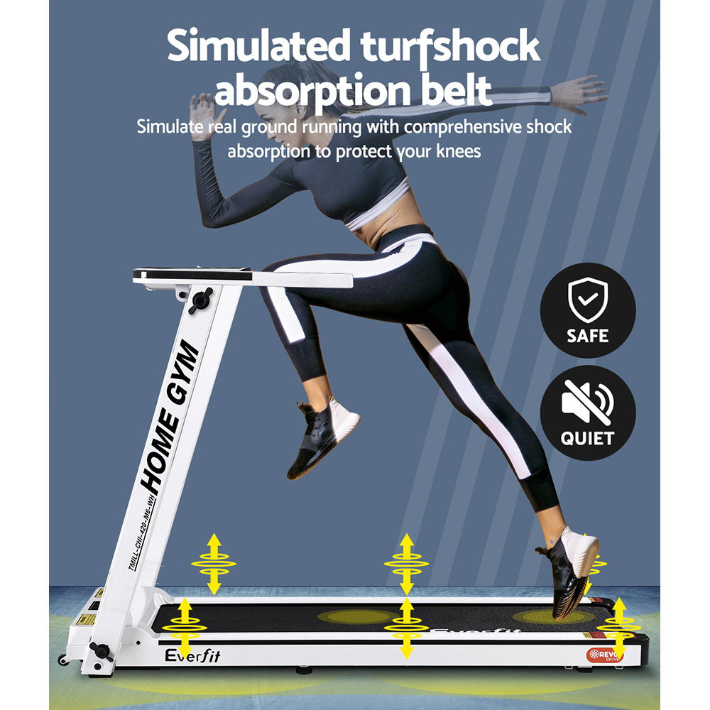 Everfit electric foldable treadmill in white, designed for home gym workouts, with a 420mm running surface.