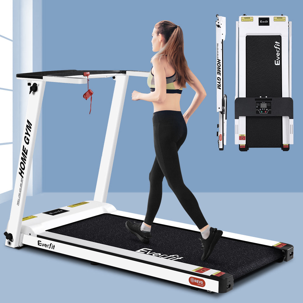 Everfit electric foldable treadmill by Hlpmedical with 420mm white running deck, ideal for home gym fitness exercises.