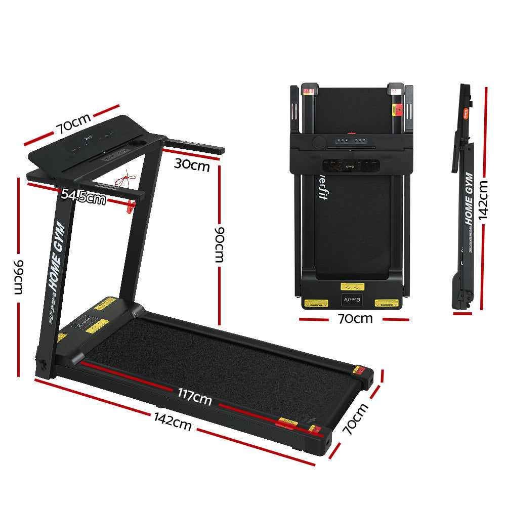 Everfit electric foldable treadmill in black with 450mm deck, designed for home gym fitness and exercise.