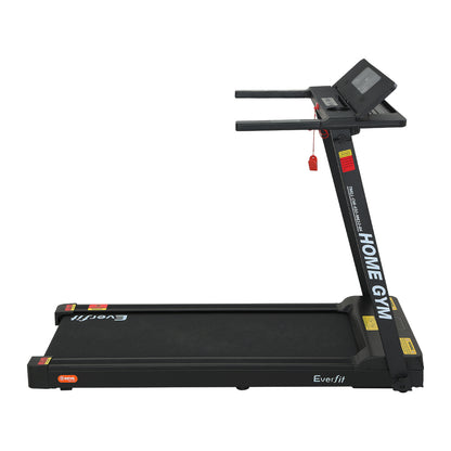 Black Everfit electric treadmill for home gym, foldable design with 450mm running belt for fitness and exercise.