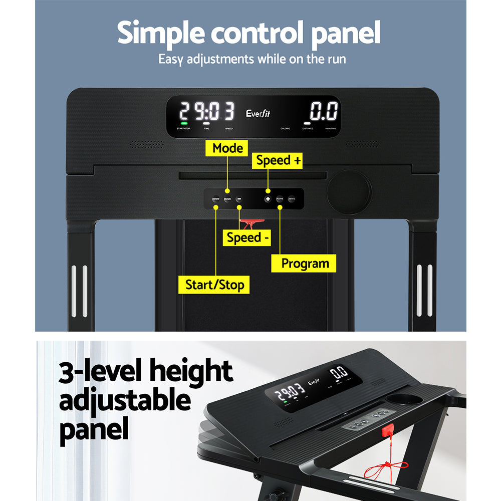 Everfit electric foldable treadmill by Hlpmedical for home gym, black with a 450mm running belt, ideal for fitness and exercise.