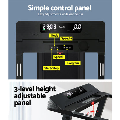 Everfit electric foldable treadmill by Hlpmedical for home gym, black with a 450mm running belt, ideal for fitness and exercise.