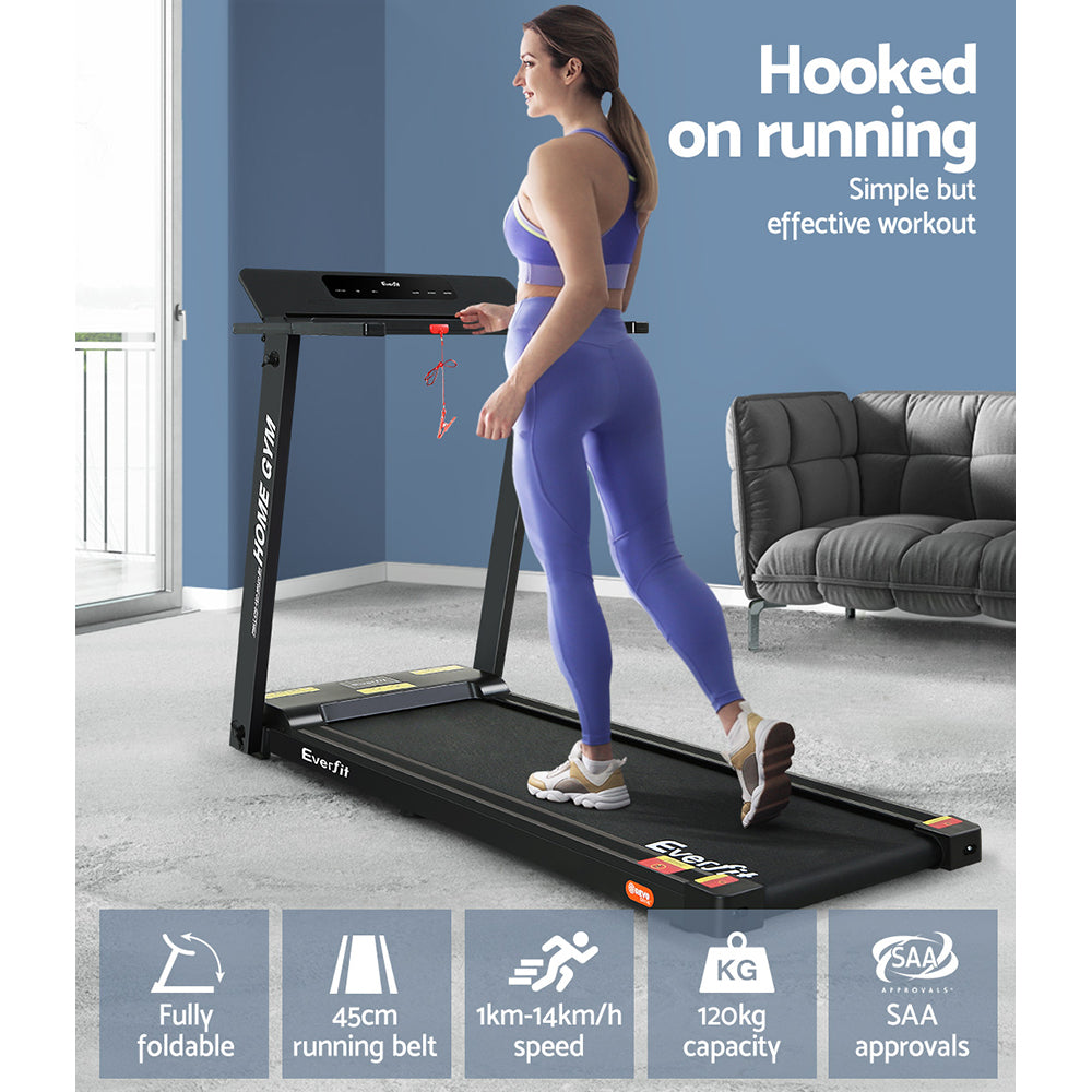 Everfit electric treadmill by Hlpmedical, foldable home gym equipment with 450mm belt, black color for fitness and exercise.