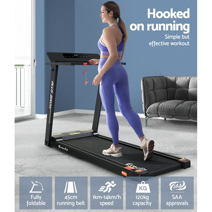 Everfit electric treadmill by Hlpmedical, foldable home gym equipment with 450mm belt, black color for fitness and exercise.