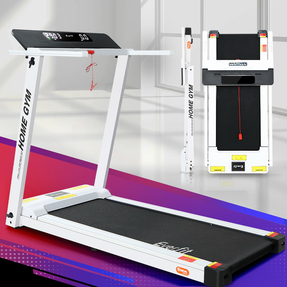 Everfit electric foldable treadmill in white with 450mm running deck, ideal for home gym and fitness exercise.