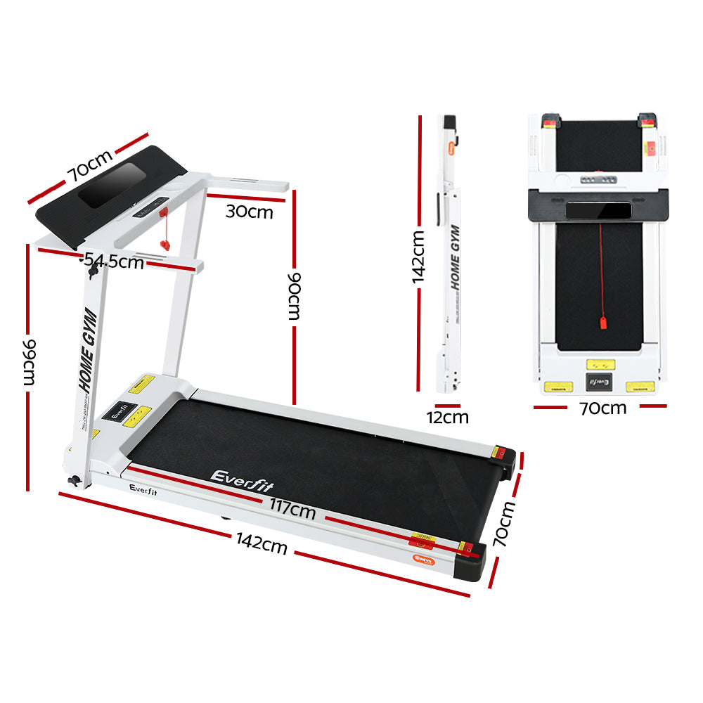 Everfit electric foldable treadmill in white, suitable for home gym workouts, with a 450mm running deck by Hlpmedical.