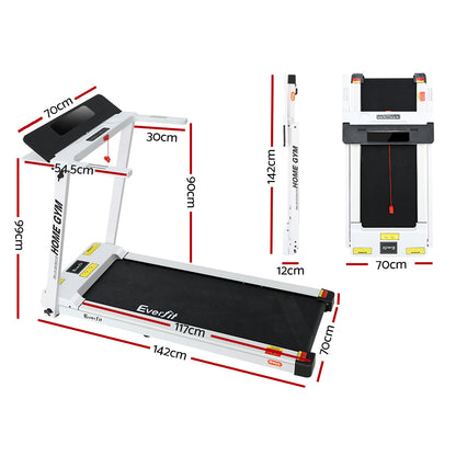 Everfit electric foldable treadmill in white, suitable for home gym workouts, with a 450mm running deck by Hlpmedical.
