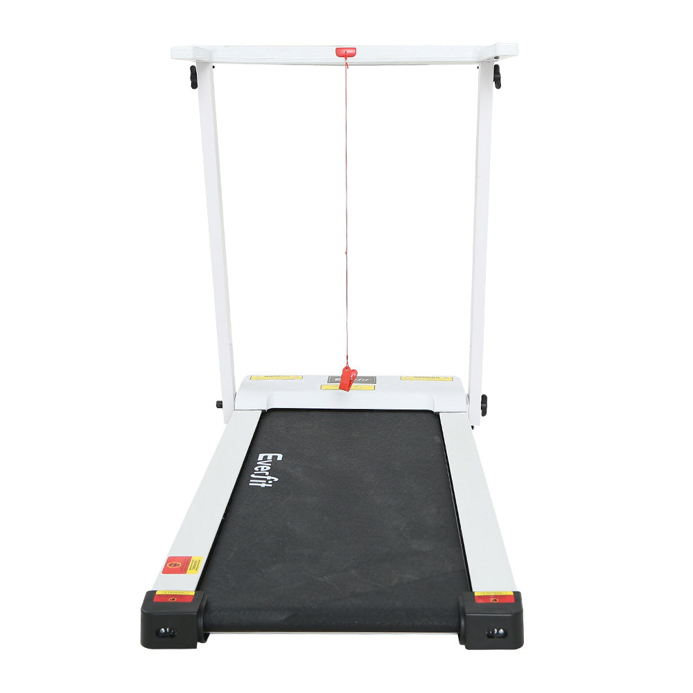 Everfit electric foldable treadmill in white, designed for home gym workouts, featuring a 450mm running surface.