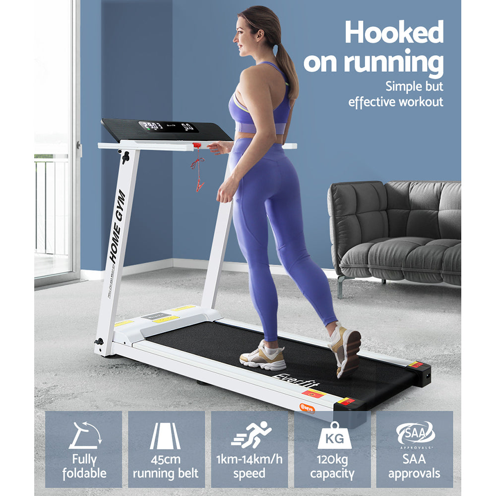 Everfit electric treadmill by Hlpmedical, white foldable home gym fitness equipment with 450mm running surface.