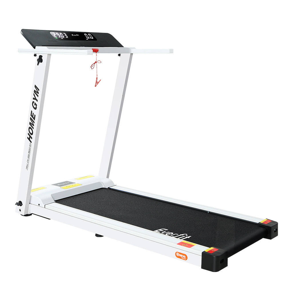 White Everfit electric treadmill for home gym, fully foldable with 450mm running surface for fitness exercise.