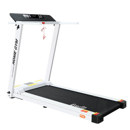 White Everfit electric treadmill for home gym, fully foldable with 450mm running surface for fitness exercise.