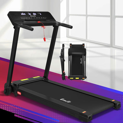 Black Everfit electric treadmill for home fitness, foldable design with adjustable exercise knob, 420mm width.