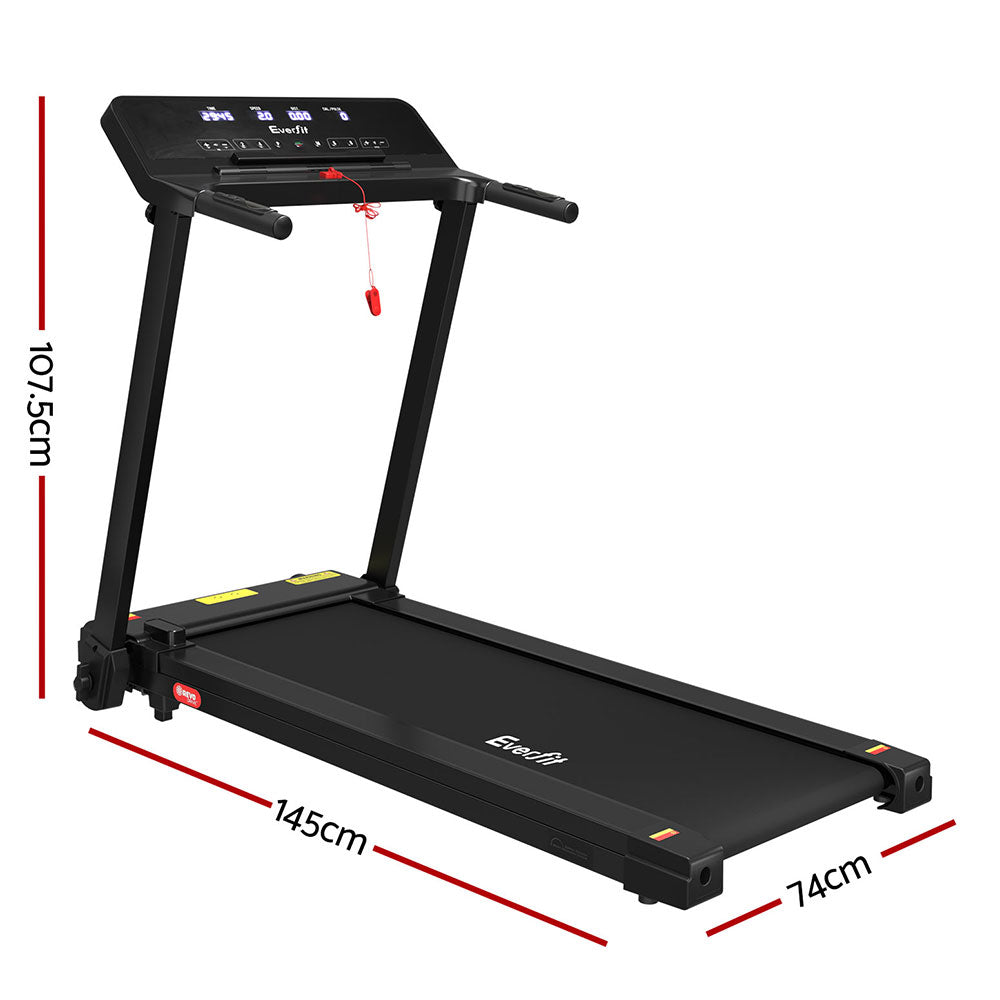 Everfit electric foldable treadmill in black with control knob, suitable for home gym and fitness exercise.