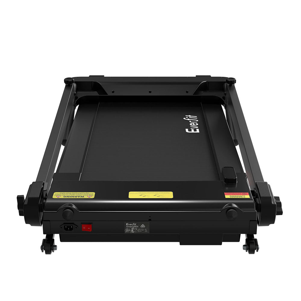 Everfit electric foldable treadmill by Hlpmedical, black with adjustable exercise knob, suitable for home gym fitness workouts.