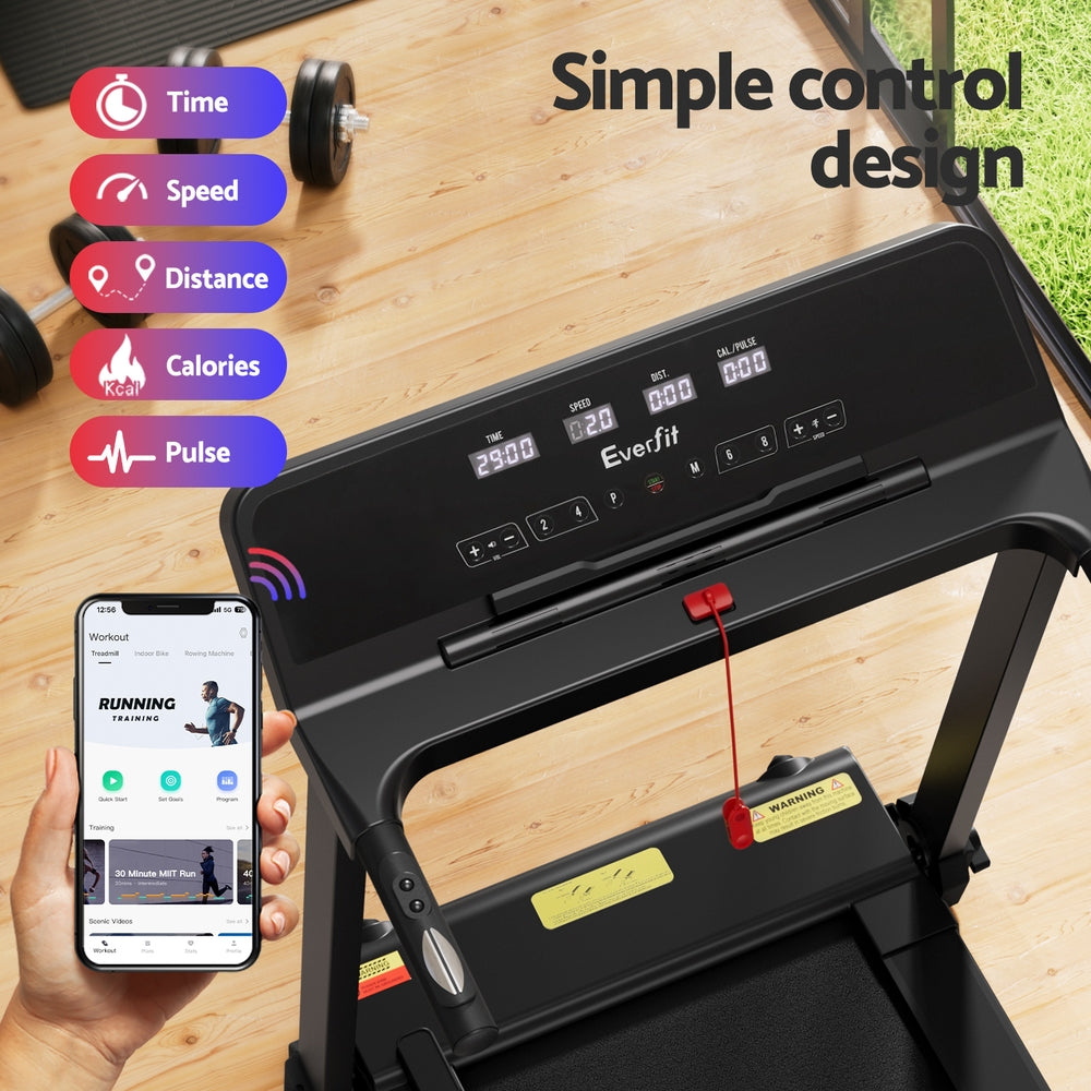 Black Everfit electric treadmill for home gym with foldable design and 420mm running deck, ideal for fitness and exercise routines.