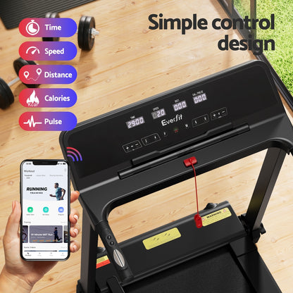 Black Everfit electric treadmill for home gym with foldable design and 420mm running deck, ideal for fitness and exercise routines.