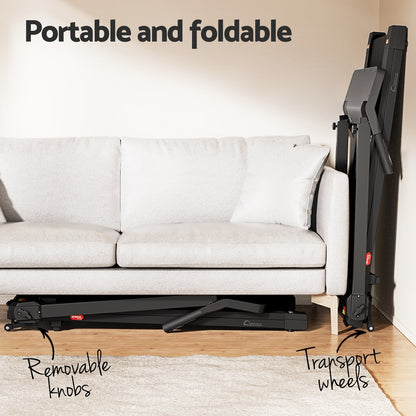 Black Everfit electric treadmill with foldable design, 420mm width, suitable for home gym exercise and fitness routines.