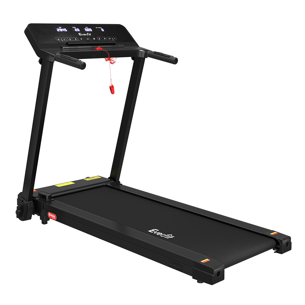 Everfit electric foldable treadmill in black with control knob, designed for home gym and fitness exercise.