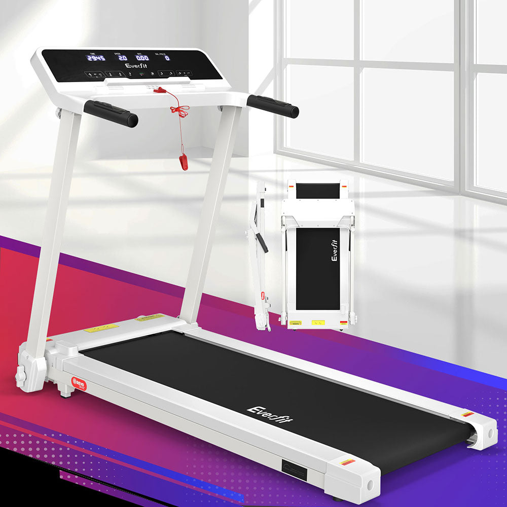 Everfit electric foldable treadmill by Hlpmedical with white frame and adjustable exercise knob for home gym workouts.
