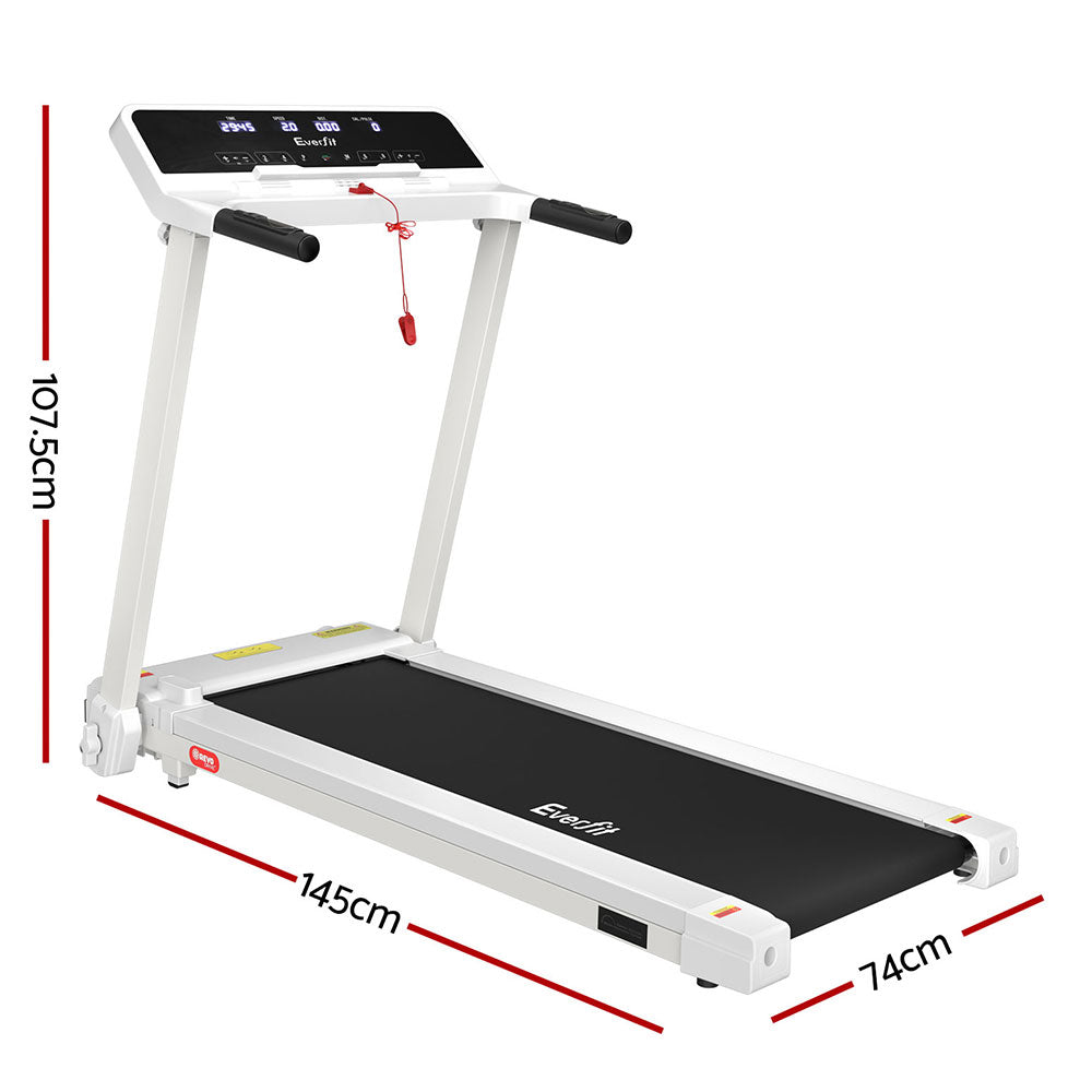 Everfit electric foldable white treadmill with adjustable exercise knob, suitable for home gym and fitness workouts.