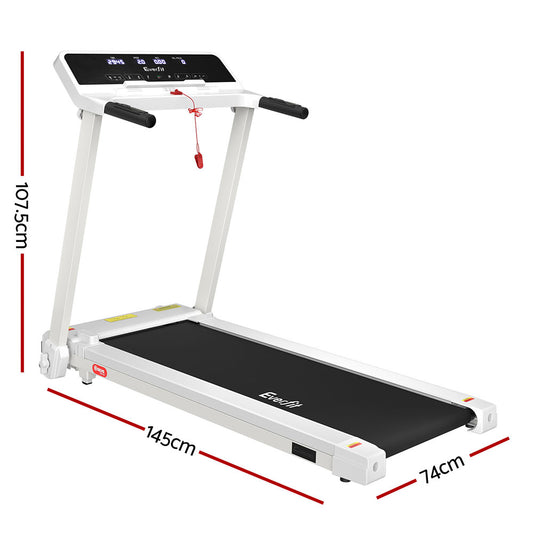 Everfit electric foldable white treadmill with adjustable exercise knob, suitable for home gym and fitness workouts.