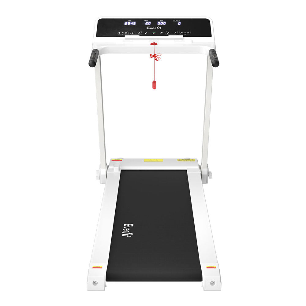 White Everfit electric foldable treadmill with control knob, designed for home gym exercise and fitness training.