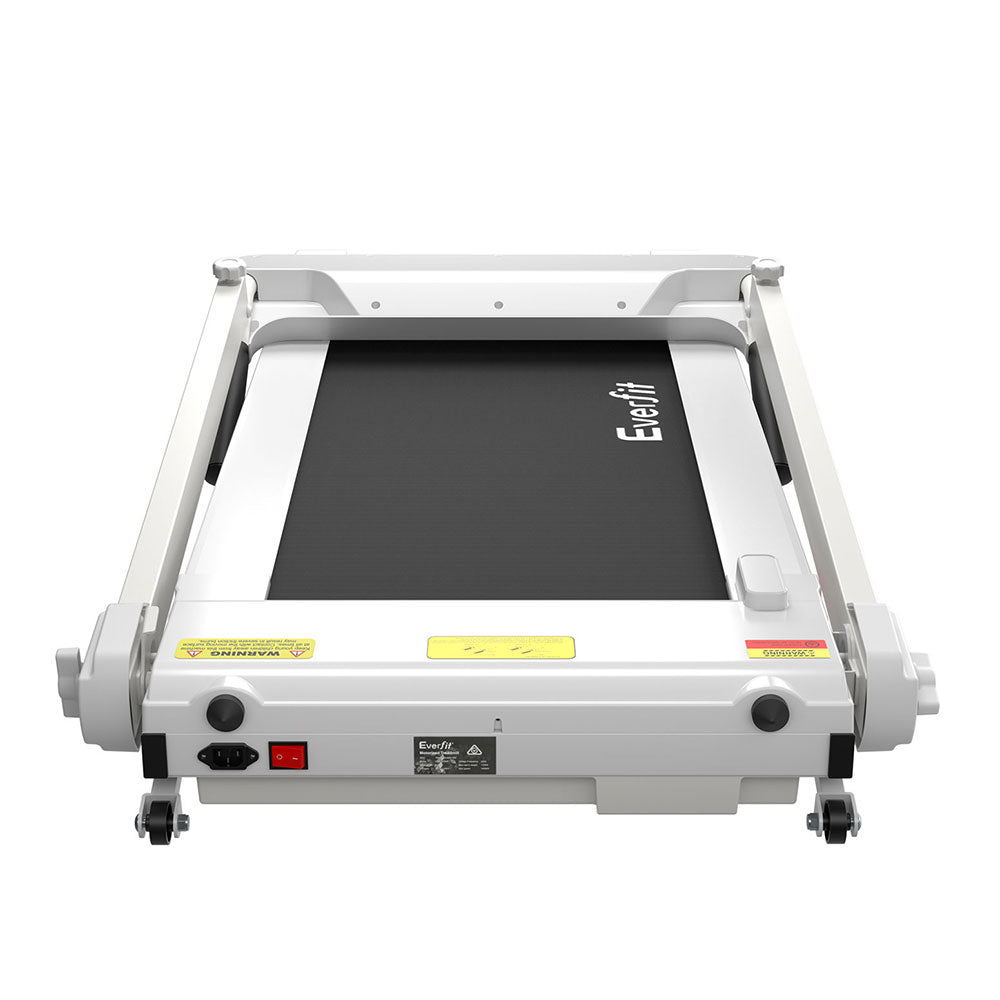 Everfit electric foldable treadmill in white with control knob, designed for home gym and fitness exercises.