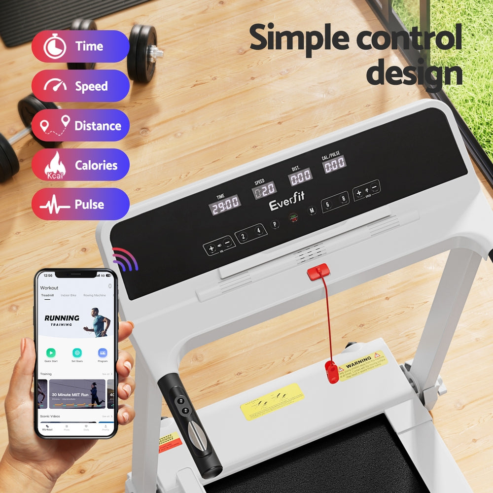 White Everfit electric treadmill with foldable design, 420mm wide running belt, suitable for home gym fitness workouts.