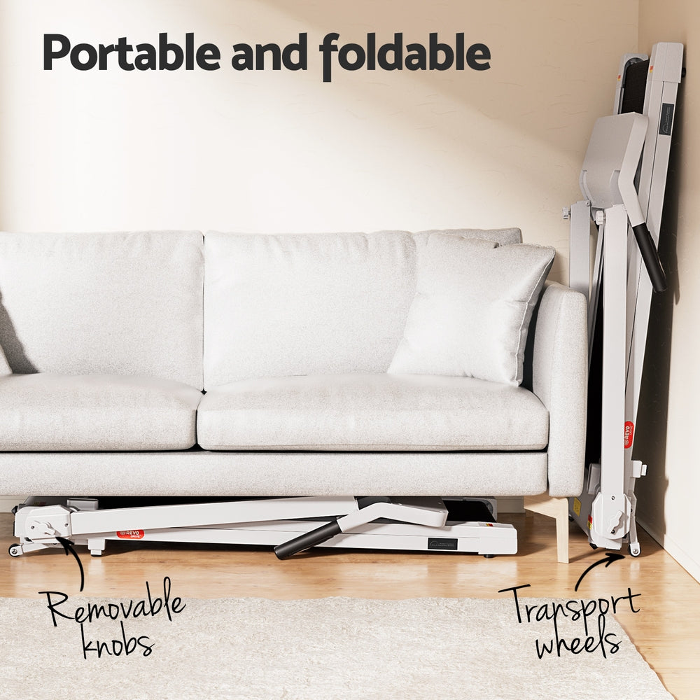 Everfit electric foldable treadmill in white with control knob for home gym and fitness workouts.