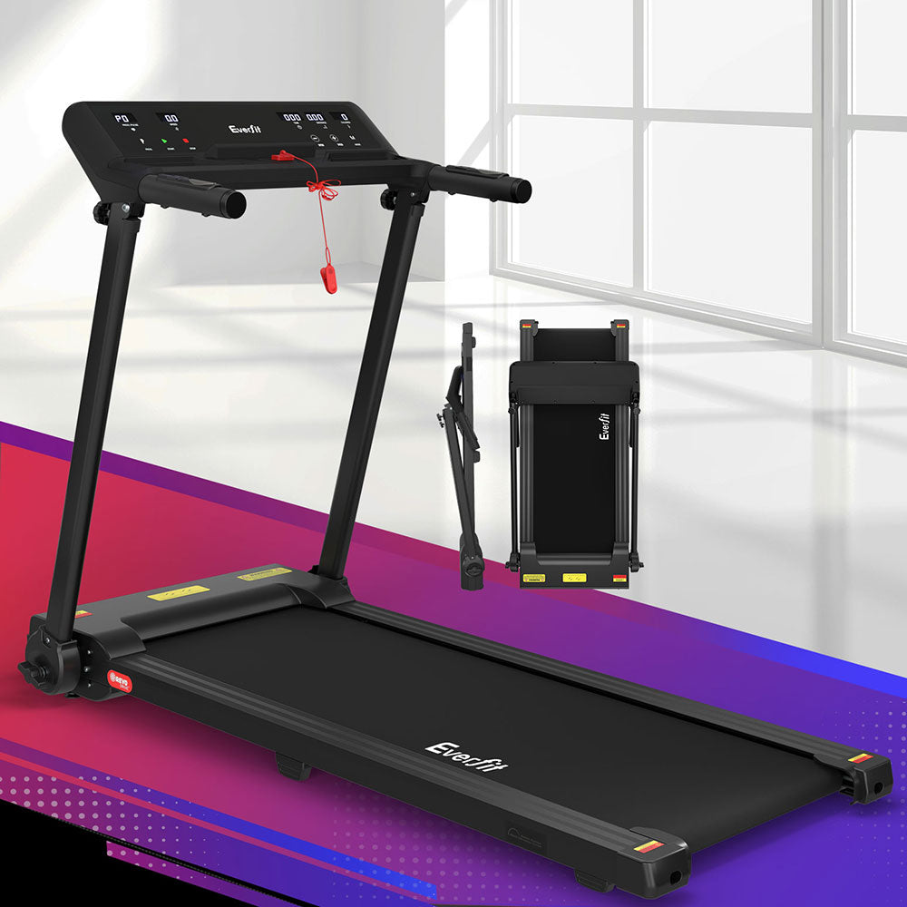 Everfit electric foldable treadmill in black with control knob, suitable for home gym fitness exercise and cardio workouts.
