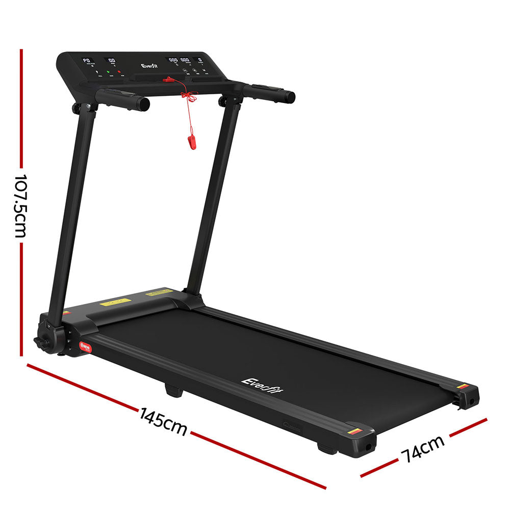 Everfit electric treadmill by Hlpmedical, foldable black home gym fitness equipment with control knob, 450mm size.
