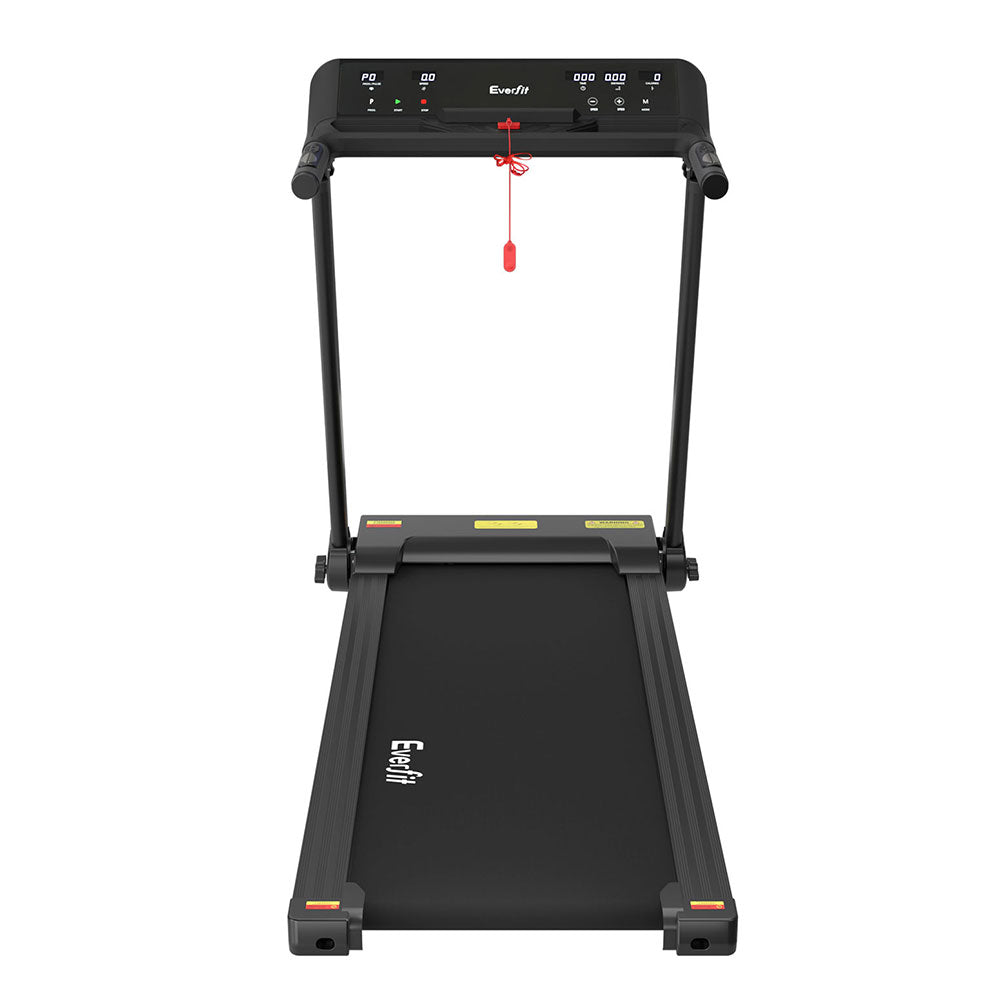 Black Everfit electric treadmill for home gym with foldable design and 450mm wide running surface.