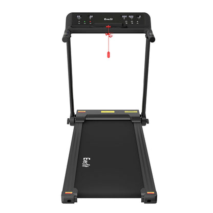 Black Everfit electric treadmill for home gym with foldable design and 450mm wide running surface.