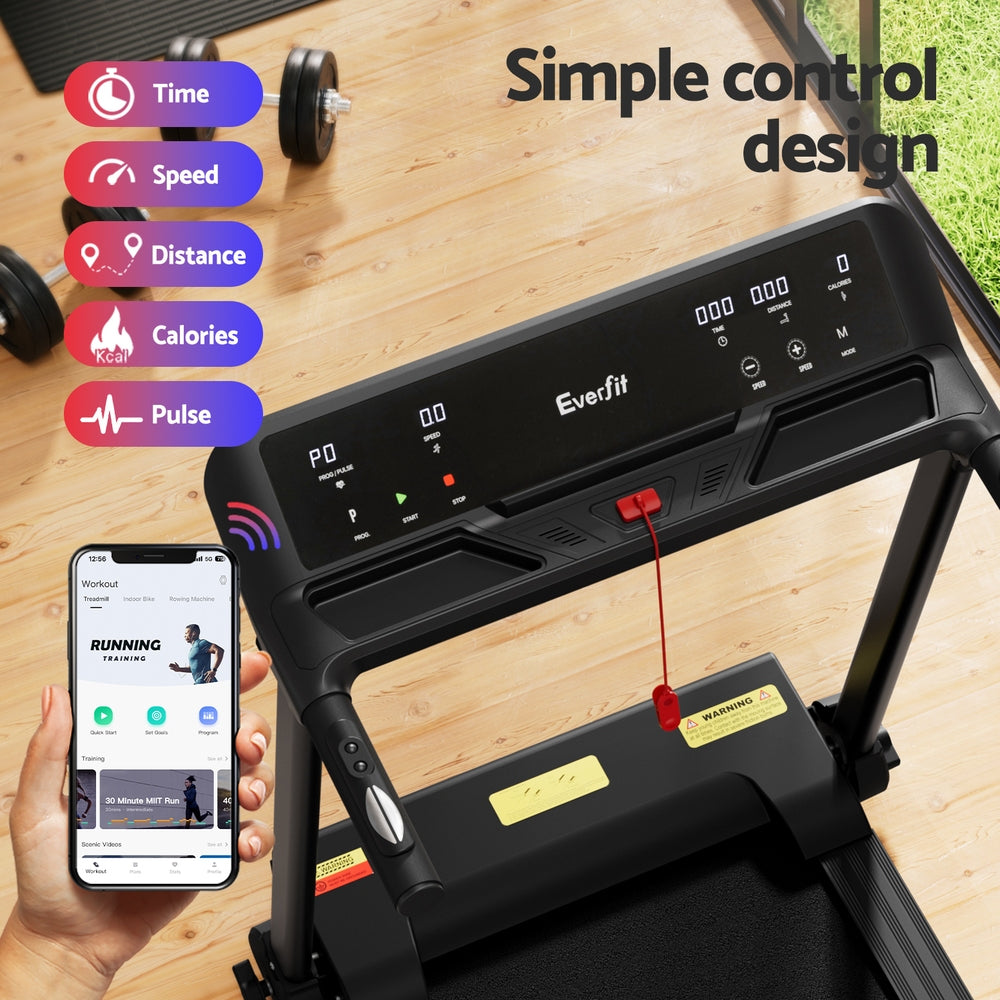 Everfit electric foldable treadmill in black, with control knob for home gym fitness exercise, 450mm width, by Hlpmedical.