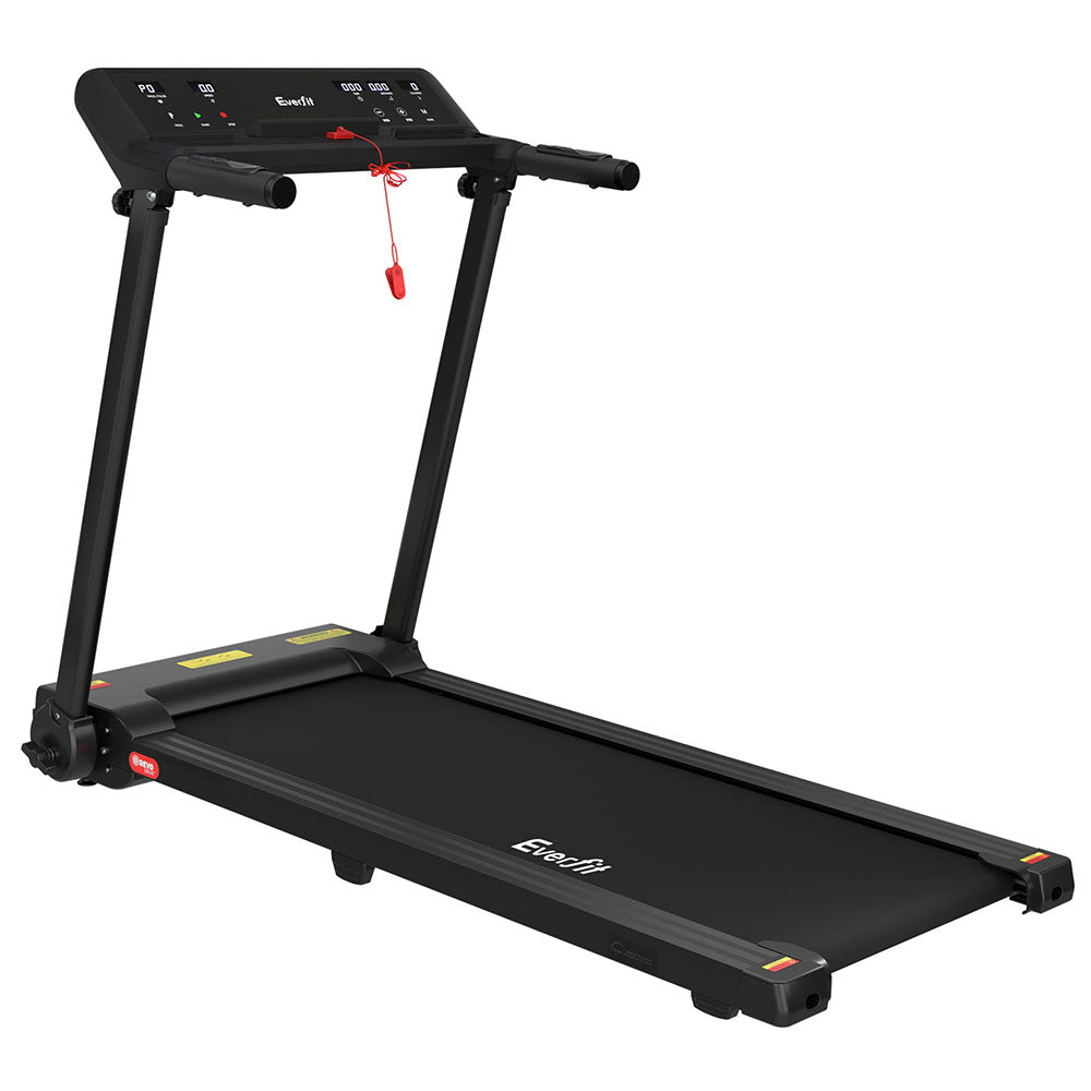 Black Everfit electric foldable treadmill with control knob for home gym exercise, 450mm width, Hlpmedical brand.