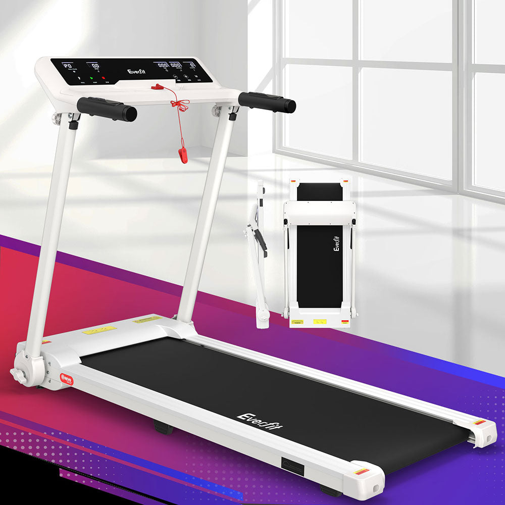 White Everfit electric treadmill with foldable design, exercise control knob, suitable for home gym fitness workouts.