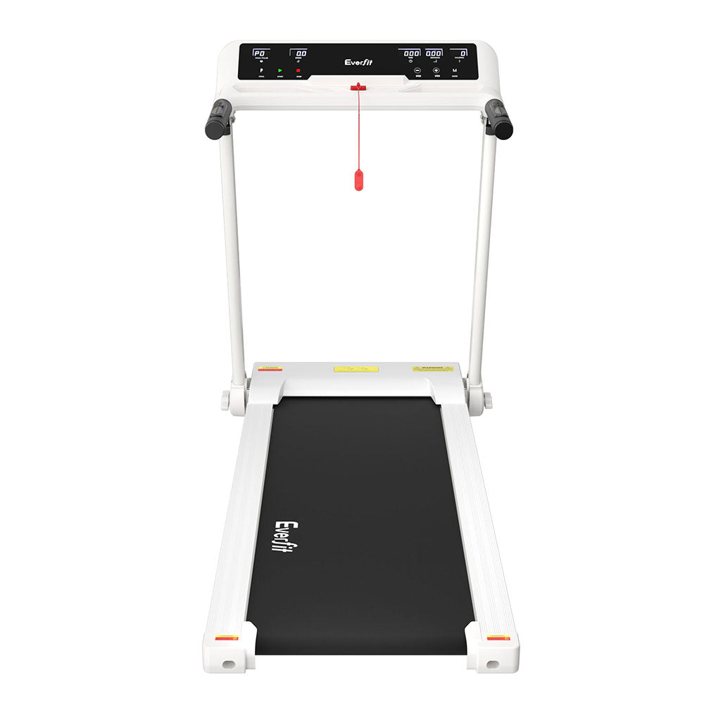 White Everfit electric treadmill with foldable design, exercise knob, and 450mm running deck for home gym fitness workouts.
