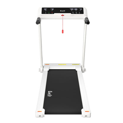 White Everfit electric treadmill with foldable design, exercise knob, and 450mm running deck for home gym fitness workouts.