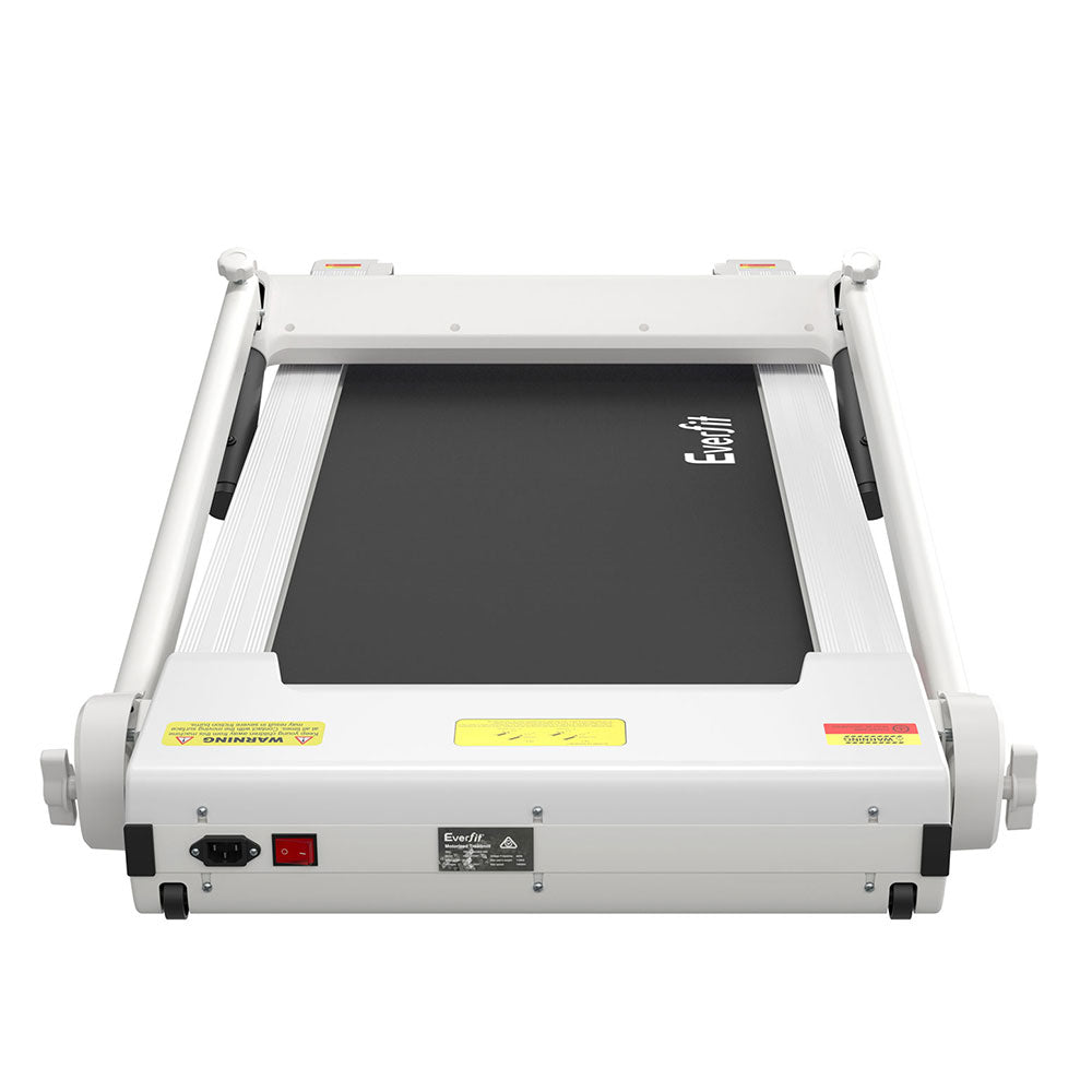 Everfit electric foldable treadmill in white with adjustable exercise knob, designed for home gym fitness workouts.