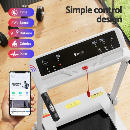 White Everfit electric treadmill with foldable design and adjustable exercise knob for home gym fitness workouts.