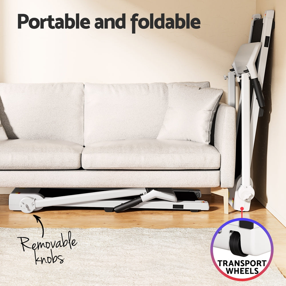 White Everfit electric foldable treadmill with control knob, suitable for home gym and fitness exercises.