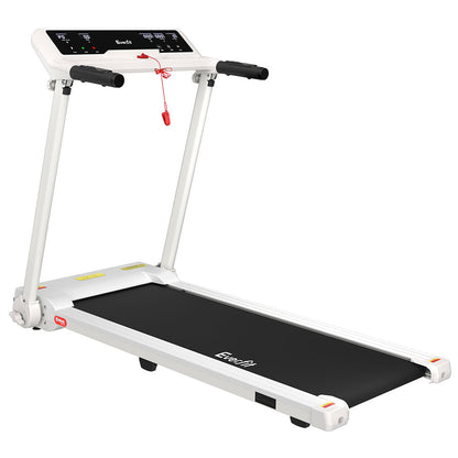 White Everfit electric treadmill for home gym, foldable design with exercise knob, 450mm width, suitable for fitness and cardio workouts.
