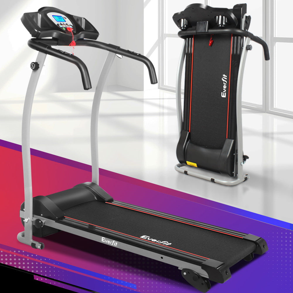 Everfit electric foldable treadmill by Hlpmedical for home gym fitness, showing the running belt and control panel.