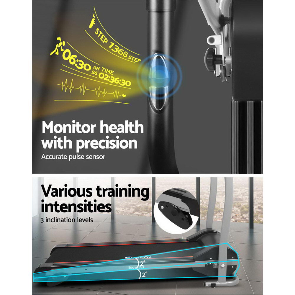 Everfit electric foldable treadmill by Hlpmedical, compact home gym exercise machine with 360mm running deck for fitness workouts.
